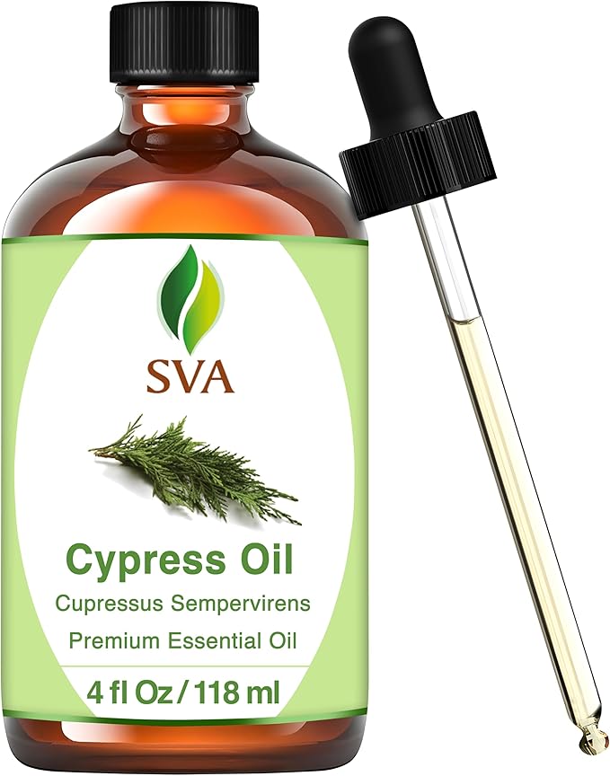 SVA Cypress Essential Oil – 4 Fl Oz – 100% Natural Cypress Oil - for Diffuser, Hair Care, Face, Skin Care, Aromatherapy, Scalp and Body Massage, Soap and Candle Making – with Dropper-Velvo Beauty