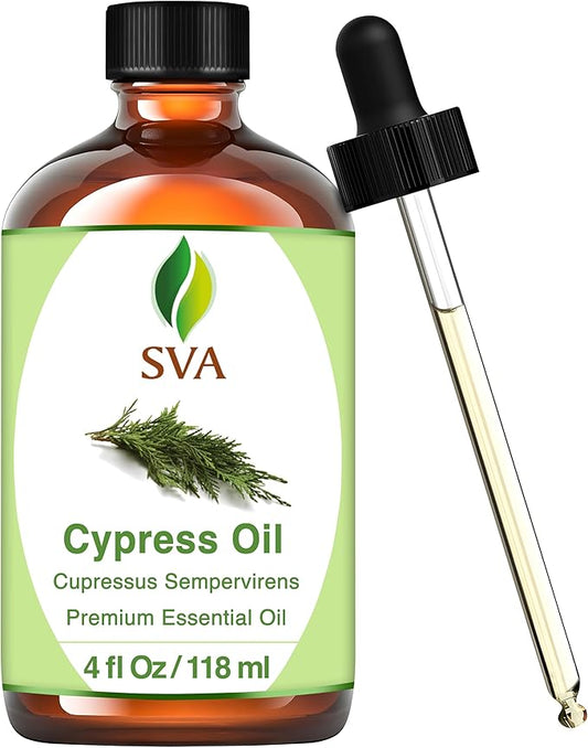 SVA Cypress Essential Oil – 4 Fl Oz – 100% Natural Cypress Oil - for Diffuser, Hair Care, Face, Skin Care, Aromatherapy, Scalp and Body Massage, Soap and Candle Making – with Dropper-Velvo Beauty