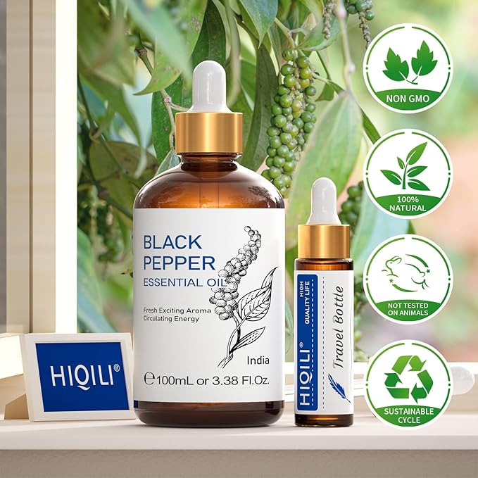 HIQILI Black Pepper Essential Oil for Aromatherapy & Diffuser - Natural Spicy & Warming Scent - Therapeutic Grade - 3.38 Fl Oz-Velvo Beauty