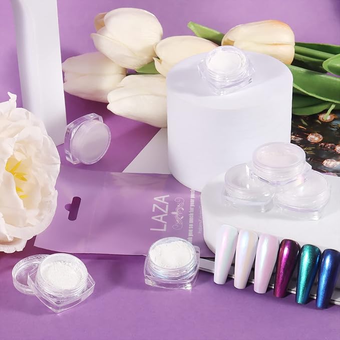 Laza White Pearl Chrome Nail Powder, 8 Colors Metallic Mirror Effect Pigment, Ice Transparent Aurora Nail Glitter Dust Kit for Gel Nail Art Decoration, Resin Craft, Gifts - Colorful White-Velvo Beauty