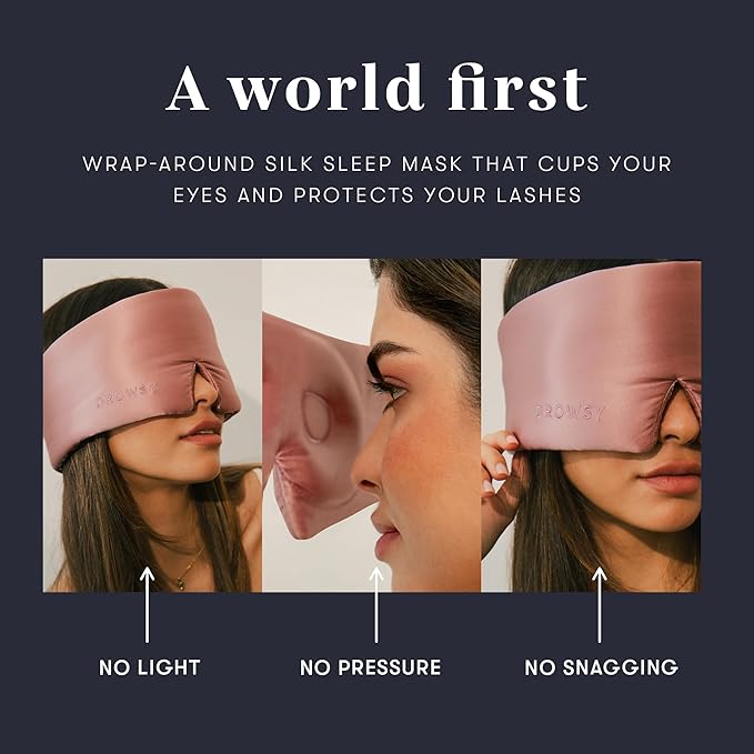 DROWSY Eyelash Protecting Silk Sleep Mask for Natural Lashes & Extensions. Deep Eye Cups, Zero Pressure, Total Blackout, Full Wraparound (Damask Rose)-Velvo Beauty