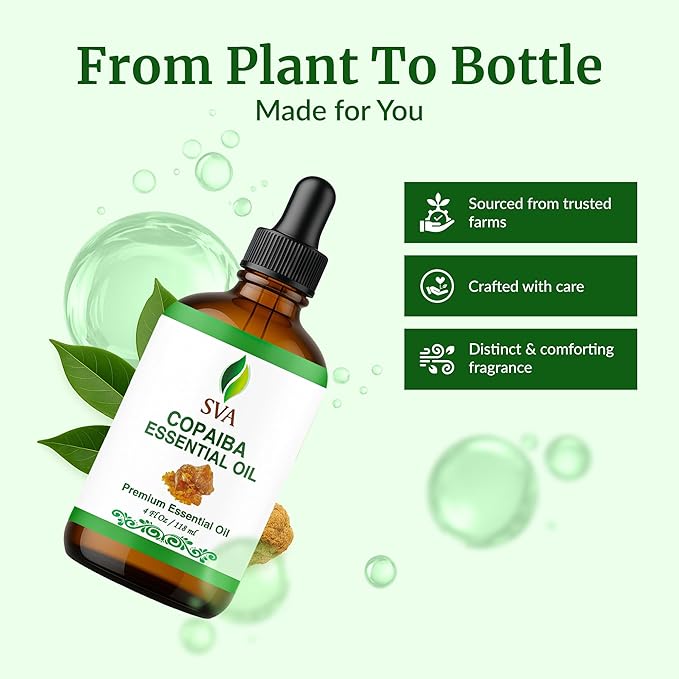 SVA Copaiba Essential Oil – 4 Fl Oz – 100% Natural Copaiba Oil - for Diffuser, Hair Care, Face, Skin Care, Aromatherapy, Scalp and Body Massage, Soap and Candle Making – with Dropper-Velvo Beauty