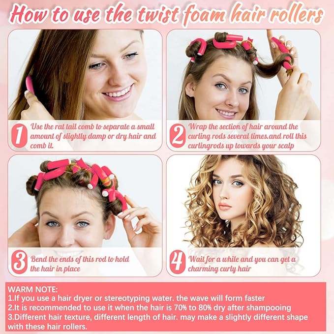 Selizo 30Pcs 9.45"x0.55" Flexible Hair Rollers, Foam Curlers for Short, Medium and Long Hair, No Heat Curlers, Hair Rods - Pink(Diameter 0.55')-Velvo Beauty