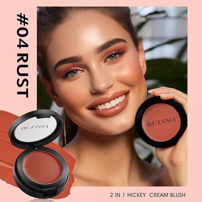 DE'LANCI Flushed Blusher, Glow Finish Korean Blush Natural Looking, Face Cream Blush with Brush Mirror, Long Last Lightweight Blushing for Cheek and Lip Tint,Waterproof Breathable,Tacl Free (RUST 04#)-Velvo Beauty