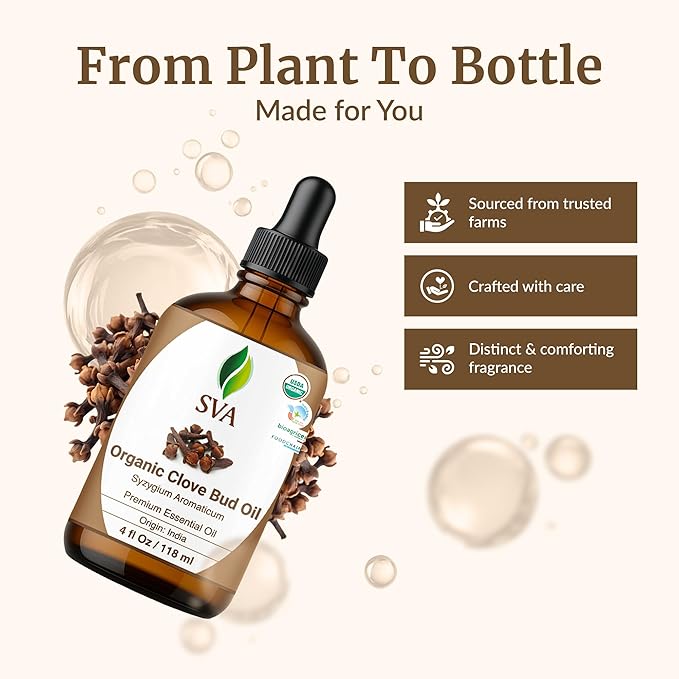 SVA Clove Essential Oil Organic – 4 Fl Oz – 100% Natural Organic Clove Oil - for Diffuser, Hair Care, Face, Skin Care, Aromatherapy, Scalp and Body Massage, Soap and Candle Making - with Dropper-Velvo Beauty