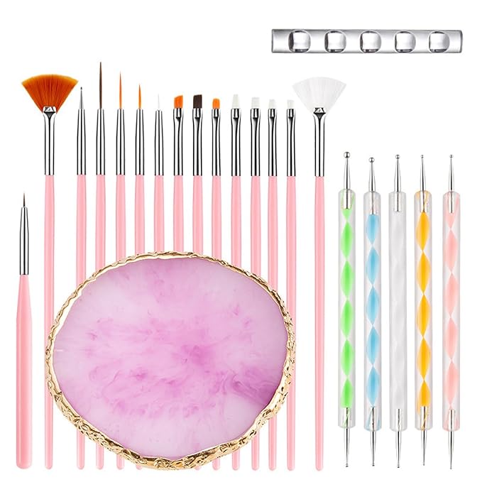 Nail Art Tools 22-piece Set, Resin Nail Art Palette, 2-way Acrylic Silicone Engraving Pen Dotting Pen Tools Nail Art Kit for Nail Art DIY Home Salon Makeup Display Board, pink-Velvo Beauty