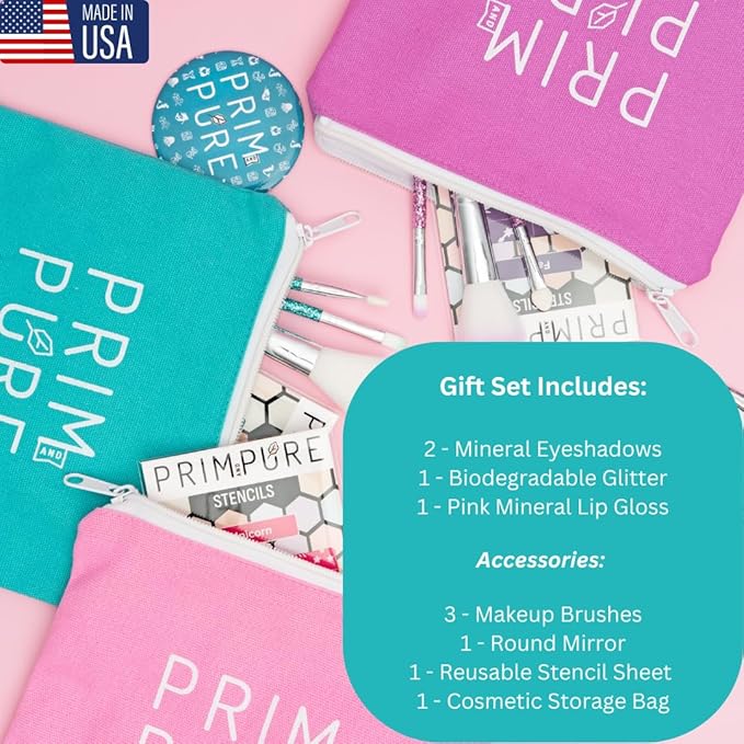 Prim and Pure Kids Makeup Gift Set - Stencil, Makeup Eyeshadow Bioglitter Lip Gloss and Cosmetic Bag Mirror Makeup Brush Accessories (Mermaid Blue)-Velvo Beauty