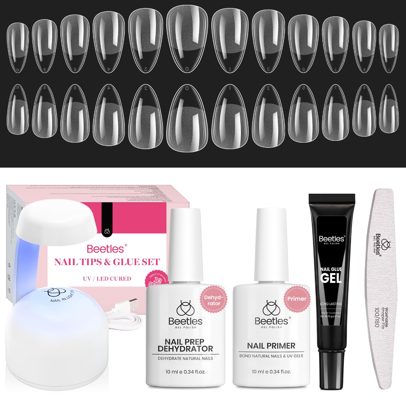 Beetles Gel Nail Kit Short Almond with Nail Dehydrator and Primer, 576Pcs Half Matte Etch-X Gel Nail Tips Solid Nail Glue Mini Nail Lamp Acrylic Nail Tips Easy DIY Nail Extension Set Gift for Women-Velvo Beauty