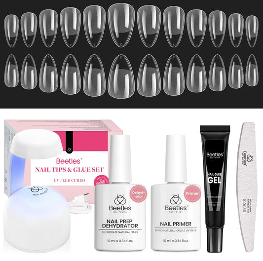 Beetles Gel Nail Kit Short Almond with Nail Dehydrator and Primer, 576Pcs Half Matte Etch-X Gel Nail Tips Solid Nail Glue Mini Nail Lamp Acrylic Nail Tips Easy DIY Nail Extension Set Gift for Women-Velvo Beauty