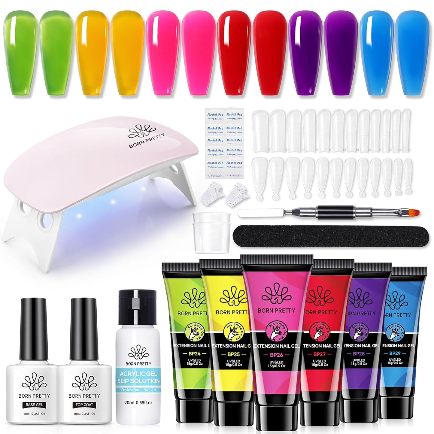 BORN PRETTY Neon Extension Nail Gel Kit-6 Colors Gel Kit Neon Pink Blue All-In-1 with Nail Lamp Base Top Coat Set Nail Forms French Manicure Set-Velvo Beauty