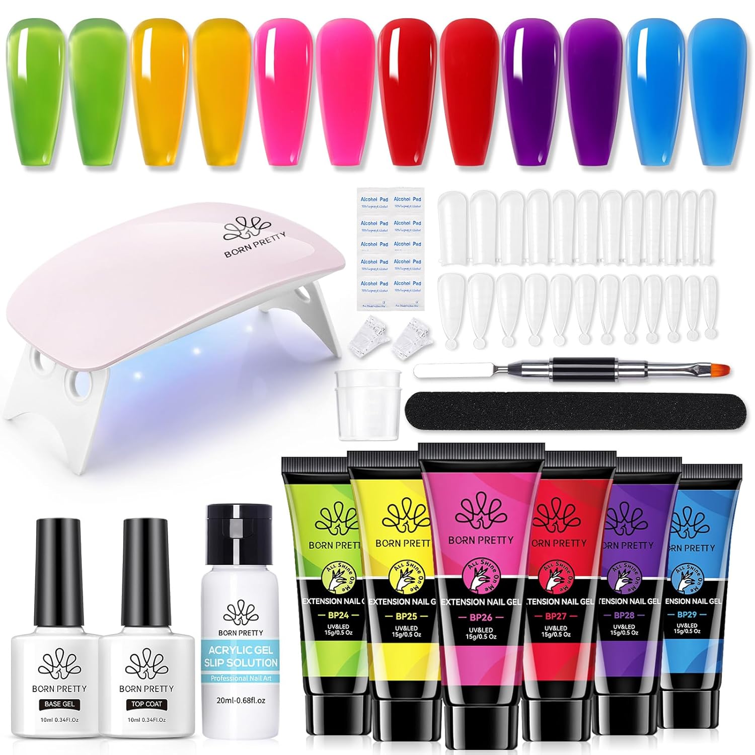 BORN PRETTY Neon Extension Nail Gel Kit-6 Colors Gel Kit Neon Pink Blue All-In-1 with Nail Lamp Base Top Coat Set Nail Forms French Manicure Set-Velvo Beauty