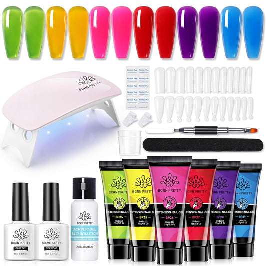 BORN PRETTY Neon Extension Nail Gel Kit-6 Colors Gel Kit Neon Pink Blue All-In-1 with Nail Lamp Base Top Coat Set Nail Forms French Manicure Set-Velvo Beauty