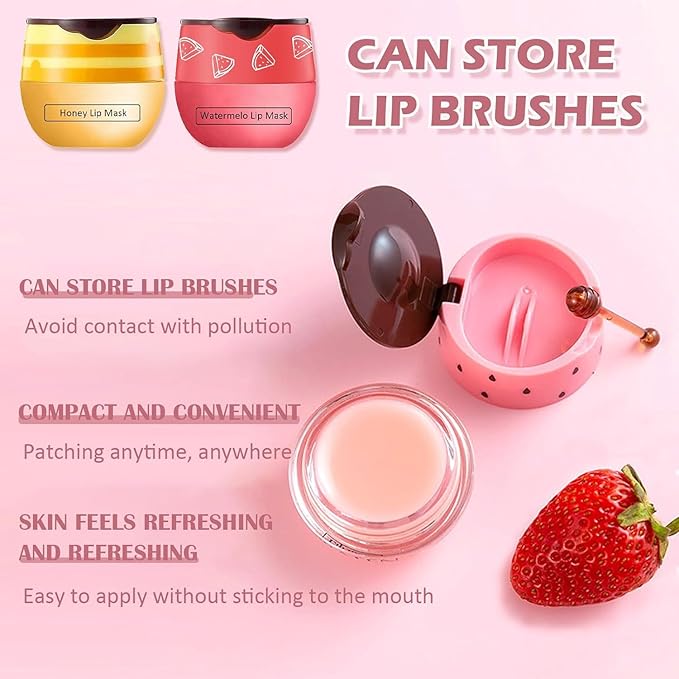 2 PCS Bee Lip Balm Honey Pot, Honey & Watermelon Lip Sleeping Masks Overnight, Hydrating Prevention Dry and Cracked Lip Scrubs Exfoliator Lip Care, Reduces Lip Lines-Velvo Beauty