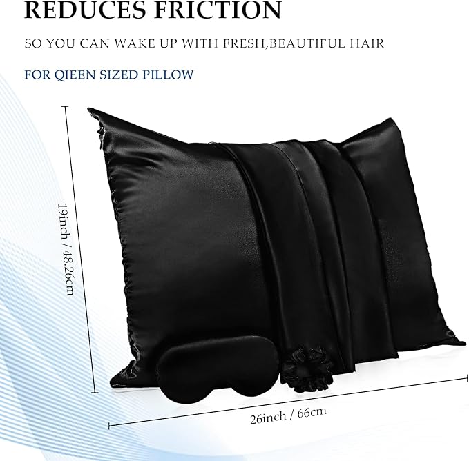 2 Pack Satin Pillowcase with Latent Zipper, Adjustable Satin Eye Mask for Sleeping and Satin Volume Scrunchie for Hair and Skin, Standard Size (Classic Style, Black)-Velvo Beauty