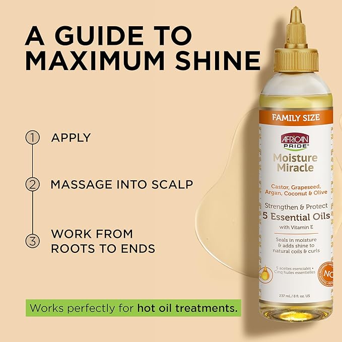 African Pride Moisture Miracle 5 Essential Hair Oils with Vitamin E | Moisture, Shine, Protection, and Growth | Argan, Castor, Grapeseed, Coconut, and Olive Oil | 8 oz-Velvo Beauty