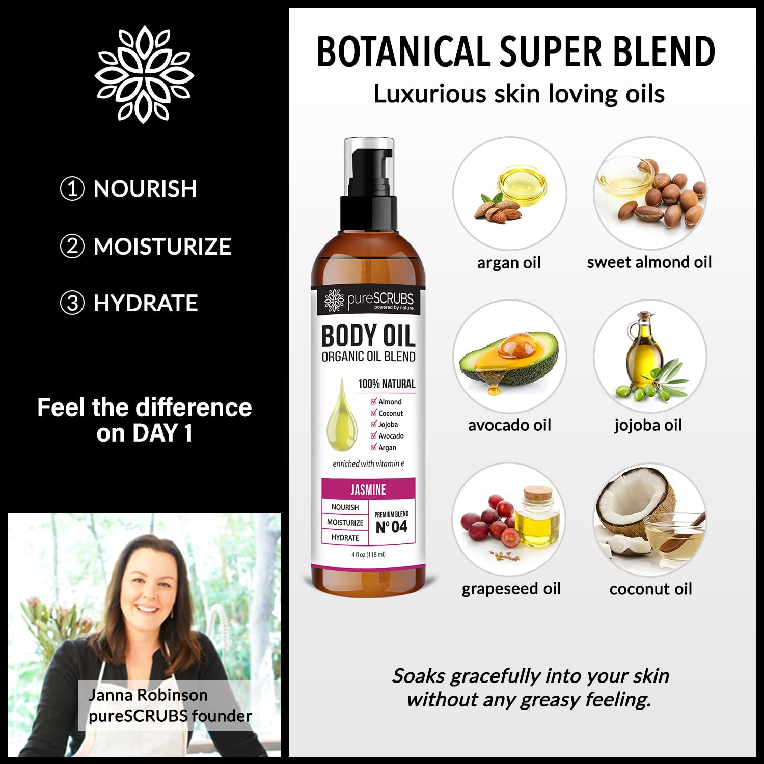 pureSCRUBS Ultra Moisturizing Jasmine Body Oil Spray for Dry Skin, Massage, Cuticles & More - Organic Super Blend of Jojoba, Argan, Coconut, Sweet Almond & Avocado Enriched with Vitamin E, Lg 4oz-Velvo Beauty