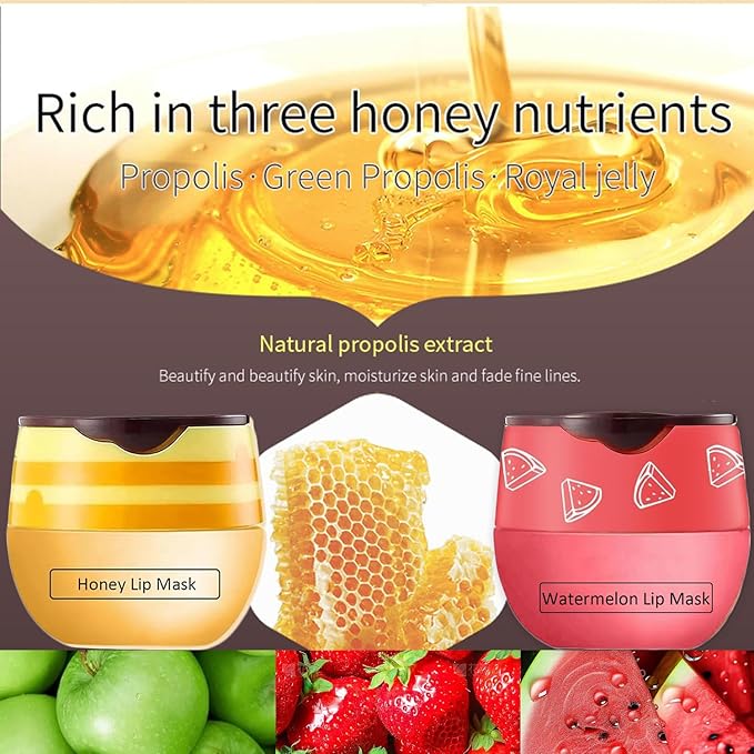 4 PCS Bee Lip Balm Honey Pot,Strawberry&Watermelon&Honey&Apple Lime Lip Mask Overnight Hydrating Prevention Dry and Cracked Lip Scrubs Exfoliator Lip Care, Lip Sleeping Mask Reduces Lip Lines-Velvo Beauty