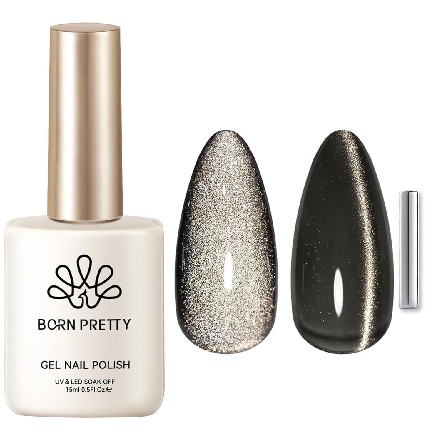 Born Pretty Cat Magnetic Eye Gel Nail Polish, Black Pearl Glitter Cat Magnetic Gel Nail Polish, Holographic Magnetic Nail Polish for Nail Art Manicure Salon DIY at Home 15ML-Velvo Beauty