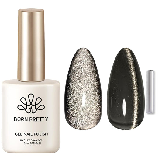 Born Pretty Cat Magnetic Eye Gel Nail Polish, Black Pearl Glitter Cat Magnetic Gel Nail Polish, Holographic Magnetic Nail Polish for Nail Art Manicure Salon DIY at Home 15ML-Velvo Beauty