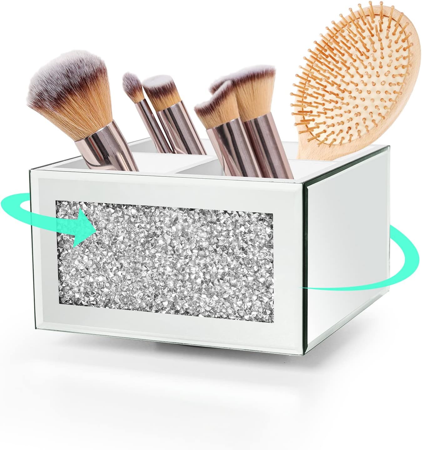 SWTHONY 360 Rotating Makeup Brush Holder Organizer, Silver Bling 4 Slot Crushed Diamond Glass Mirrored Cosmetic Brushes Storage, Eyeliners Eyebrow Pencil Display Case-Velvo Beauty