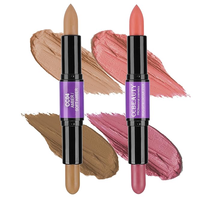 CCbeauty 2pcs 2-IN-1 Matte Contour Concealer Stick Cool Tone with Blush,Cream Blendable Bronzer & Blusher for Cheeks & Lip,Long Lasting & Waterproof Contouring for Face Shaping Makeup,AMBER/SOFT AMBER-Velvo Beauty