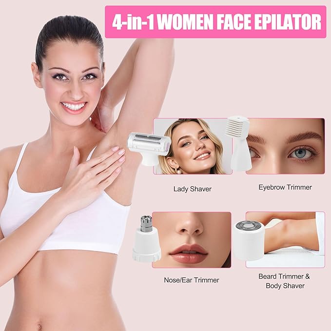 Women Face Epilator, 4-in-1 Body Shaver and Facial Epilator, Hair Removal for Face, Waterproof Facial Hair Remover for Armpits, Arms, Legsm, Bikini-Velvo Beauty