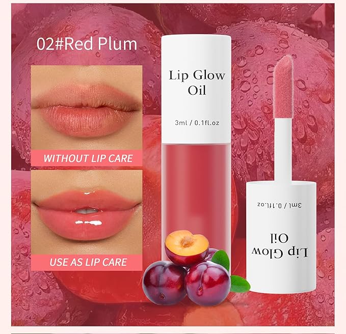 Plumping Lip Oil, Long Lasting Hydrating Lip Stain Lip Balm Revitalizing, Transparent and Tinting Lip Care Oil for Dry Lip (Red Plum)-Velvo Beauty