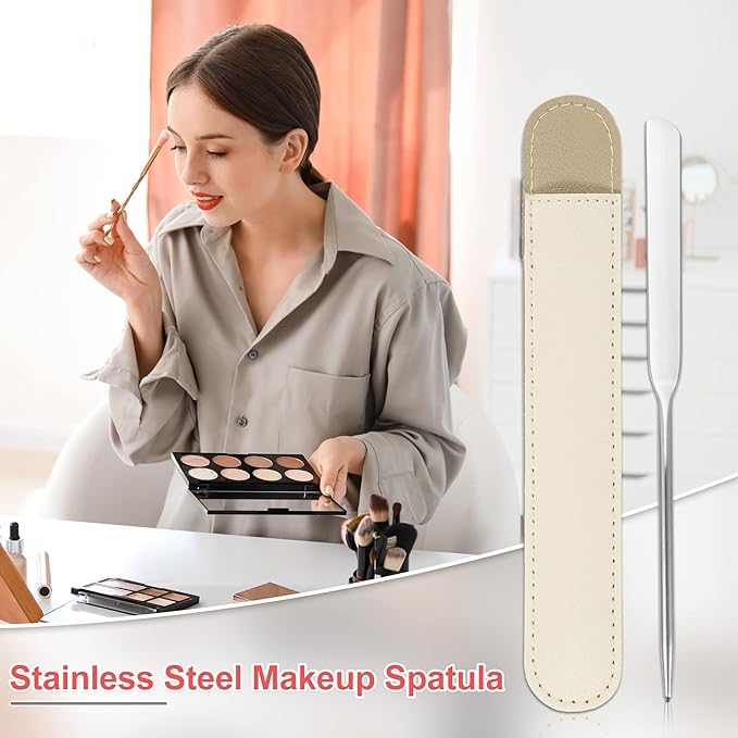 VOCOSTE 1 Set Stainless Steel Makeup Spatula, Liquid Foundation Spatula Tool with Faux Leather Case, Lipstick Nail Polish Mixing Palette Spatula, Beige-Velvo Beauty