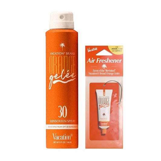 Vacation Orange Gelée SPF 30 Sunscreen Spray Oil & Air Freshener Bundle, Tanning Oil with SPF, Suntan Lotion Spray, Transparent on All Skin Tones, Dermatologist-Tested, Vegan, 5 Fl. Oz.-Velvo Beauty