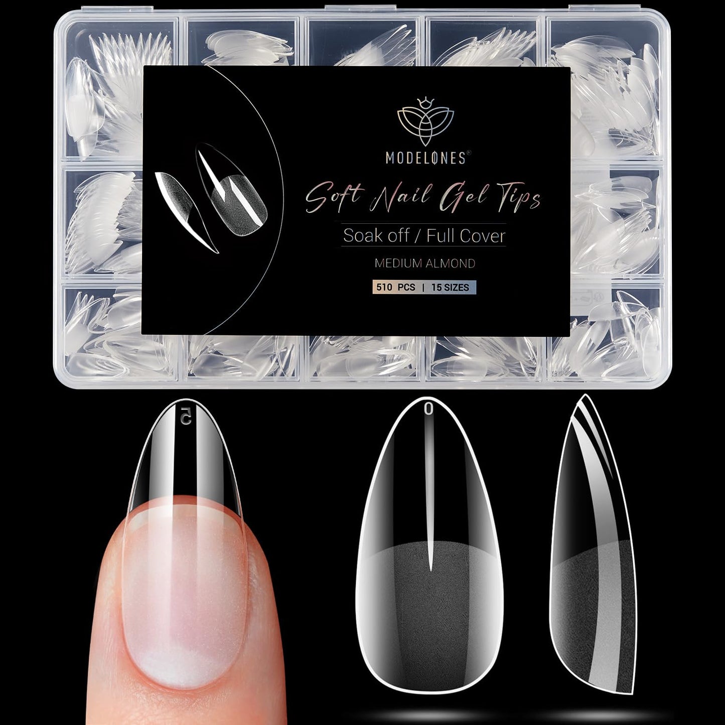 Modelones Almond Fake Nail Tips -510Pcs Medium Soft Gel Nail Tips Almond Shape Pre Etched Half Matte Full Cover Clear Acrylic Gel Kit False Press on for Extension Manicure Salon DIY at Home 15 Sizes-Velvo Beauty