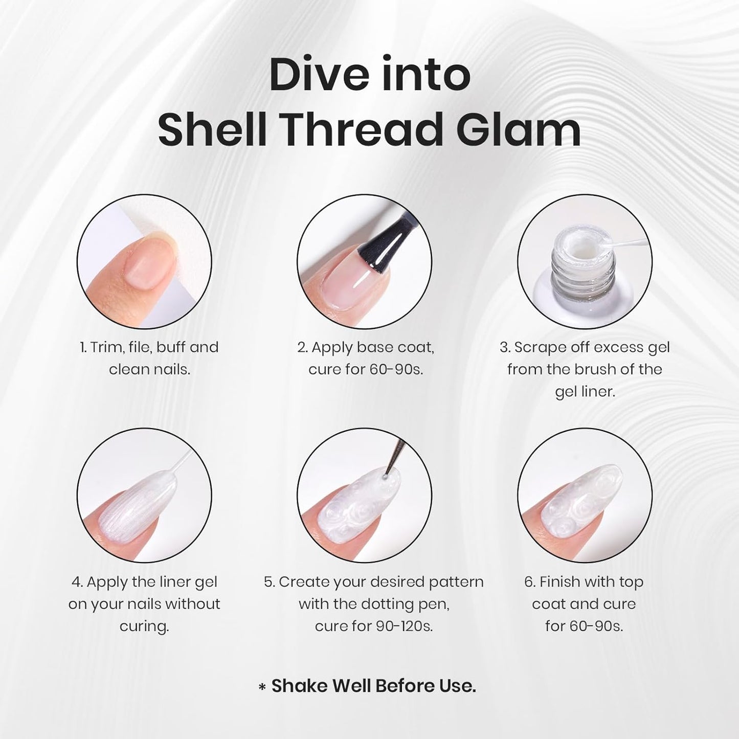 Beetles White Liner Gel Polish, 7ml Pearl White Gel Liner Nail Art Pearlescent Silver Shell Glitter Swirl Effect Pearl Nail Polish Soak Off UV LED Nail Art Design Gifts for Women-Velvo Beauty