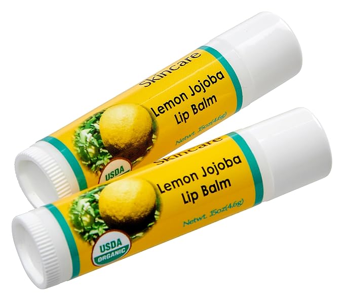 2-Pack Organic Lemon Lip Balm - USDA Certified Organic, 70% Organic Jojoba Oil, Organic Beeswax, Soothes and Softens Dry, Cracked, and Sensitive Lips, Natural Lemon Scent No Taste. 0.15 oz/4.6 gm-Velvo Beauty