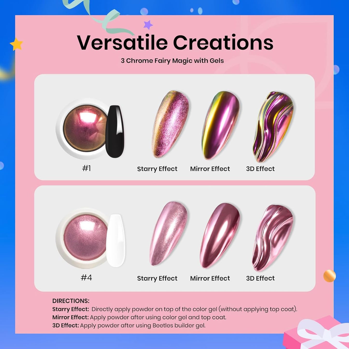 Beetles Metallic Chrome Nail Powder Kit Black White Colors Gel Polish Mirror Effect Holographic Metallic Nail Polish Chrome Manicure Art Decoration Glitter Nail Powder for Women-Velvo Beauty