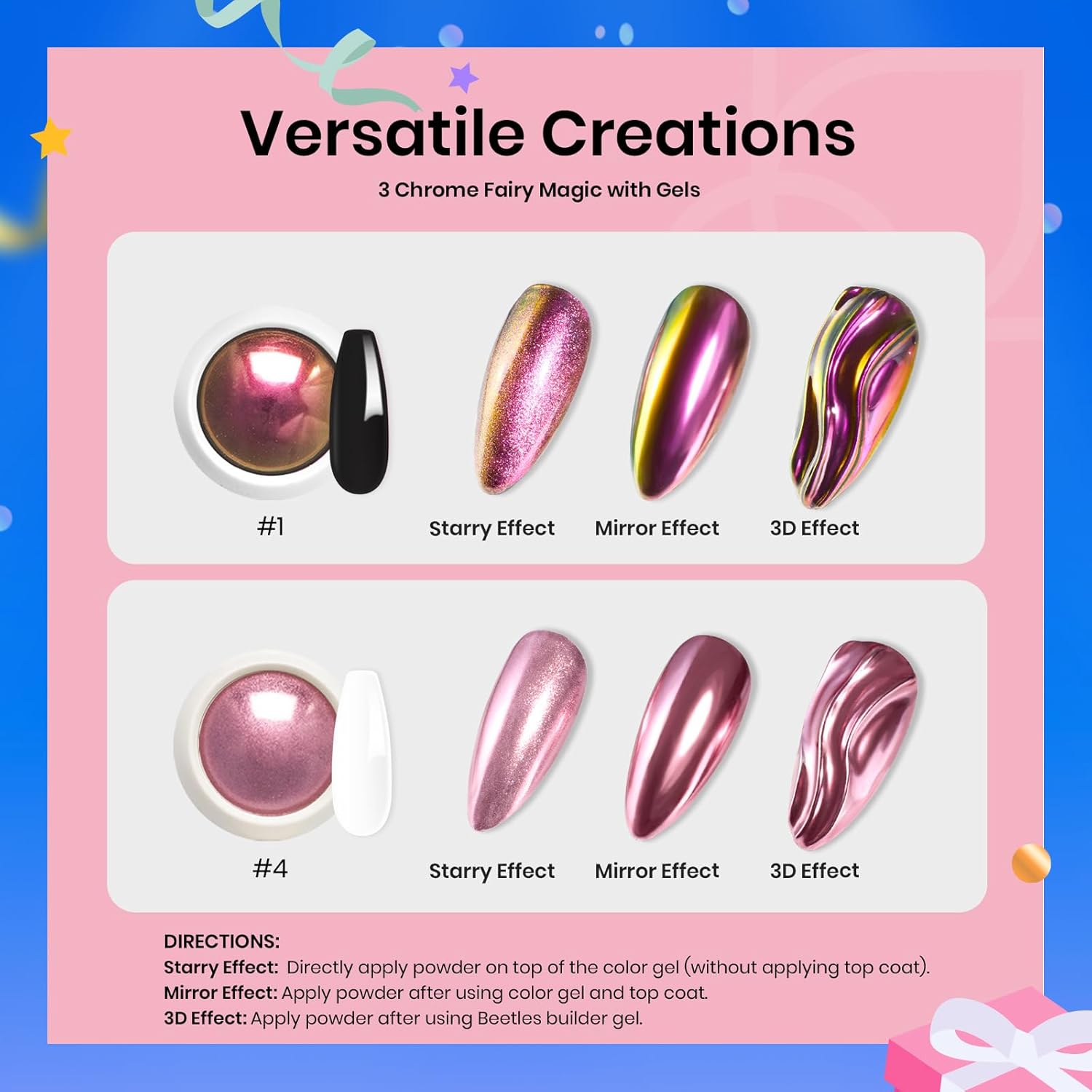 Beetles Metallic Chrome Nail Powder Kit Black White Colors Gel Polish Mirror Effect Holographic Metallic Nail Polish Chrome Manicure Art Decoration Glitter Nail Powder for Women-Velvo Beauty