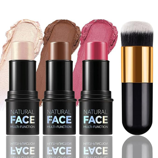 3pcs Face Contour Stick Makeup Set, Highlighter Stick Blush Stick Cream Contour Kit with Brush, Contouring Stick for Fair Skin, Concealer Makeup Stick Gift for Beginner Women Teen Girls-Velvo Beauty