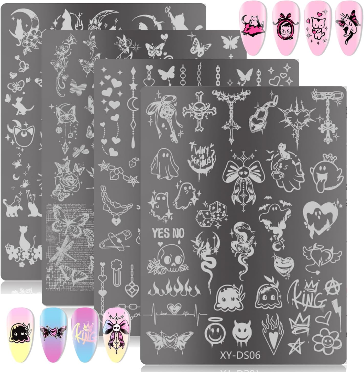 4Pcs Gothic Cute Nail Stamping Plate Set - Dark Kawaii Nail Art Templates, Stainless Steel Spooky Sweet Nail Stamp Plates with Skull & Lace Patterns for Halloween DIY Manicure Printing Tools-Velvo Beauty