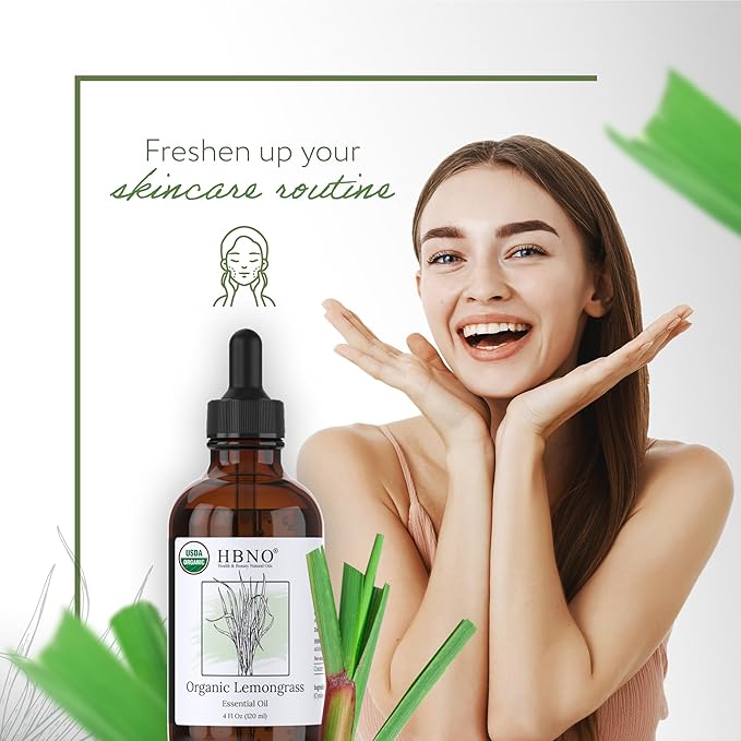 HBNO Organic Lemongrass Essential Oil - Huge 4 oz (120ml) Value Size - USDA Certified Organic Lemongrass Essential Oil, Perfect for Aromatherapy, Soap Making, DIY, Diffuser-Velvo Beauty
