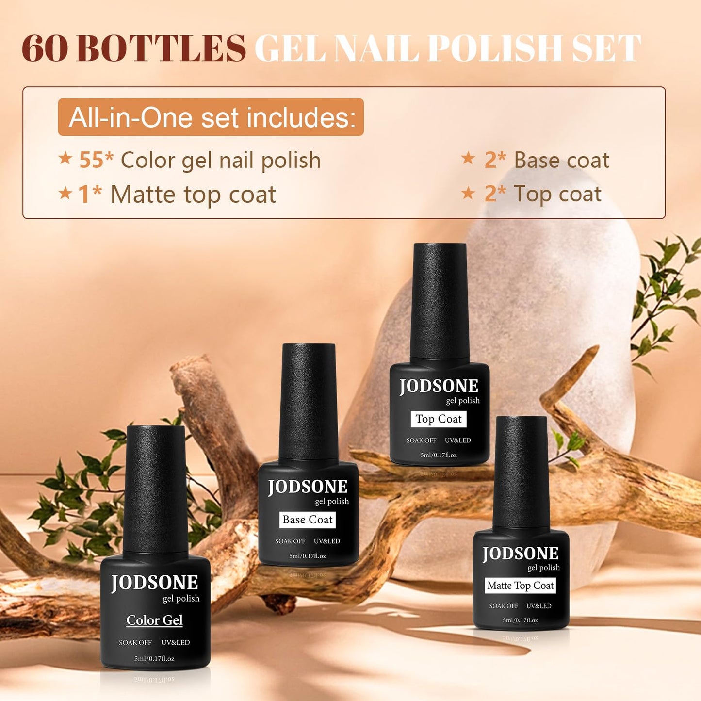 JODSONE 60 PCS Gel Nail Polish Starter Kit 55 Color Combination of Light and Dark Colors Emerald Green Klein Blue Soak off No Wipe Base Coat Matte and Glossy Top Coat Nail Gel Kit-Velvo Beauty