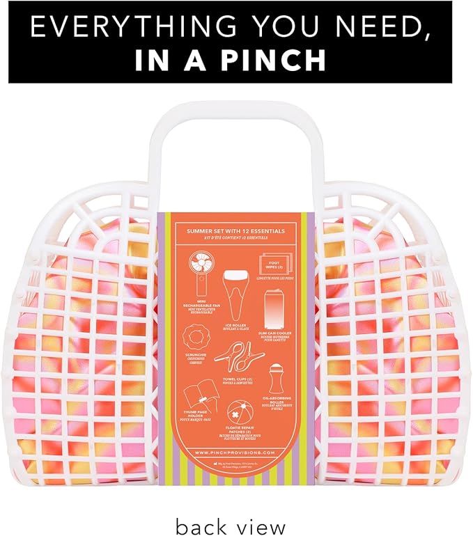 Pinch Provisions Super Summer Jelly Tote, 12 Beach & Poolside Accessories For Beauty, Perfect for Pool & Beach Days, Includes Oil Absorbing Roller, Rechargable Fan, Towel Clips, & Ice Roller-Velvo Beauty