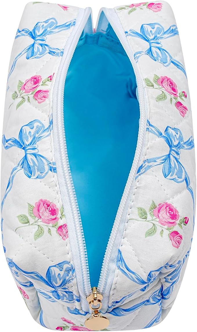 Makeup Bag Travel Cosmetic Bag for Women Girls, Zipper Make Up Pouch, Floral Flowers Toiletry Organizer Makeup, Portable Storage Bag, Cosmetic Travel Cloth Bag (Blue Bowknot/Gold Zipper)-Velvo Beauty