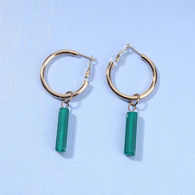 Boho Rectangle Green Jade Earrings Green Marbled Earrings Gold Circle Leverback Dangle Earrings Vintage Circle Hoop Dangle Earrings Jewelry for Women and Girls-Velvo Beauty