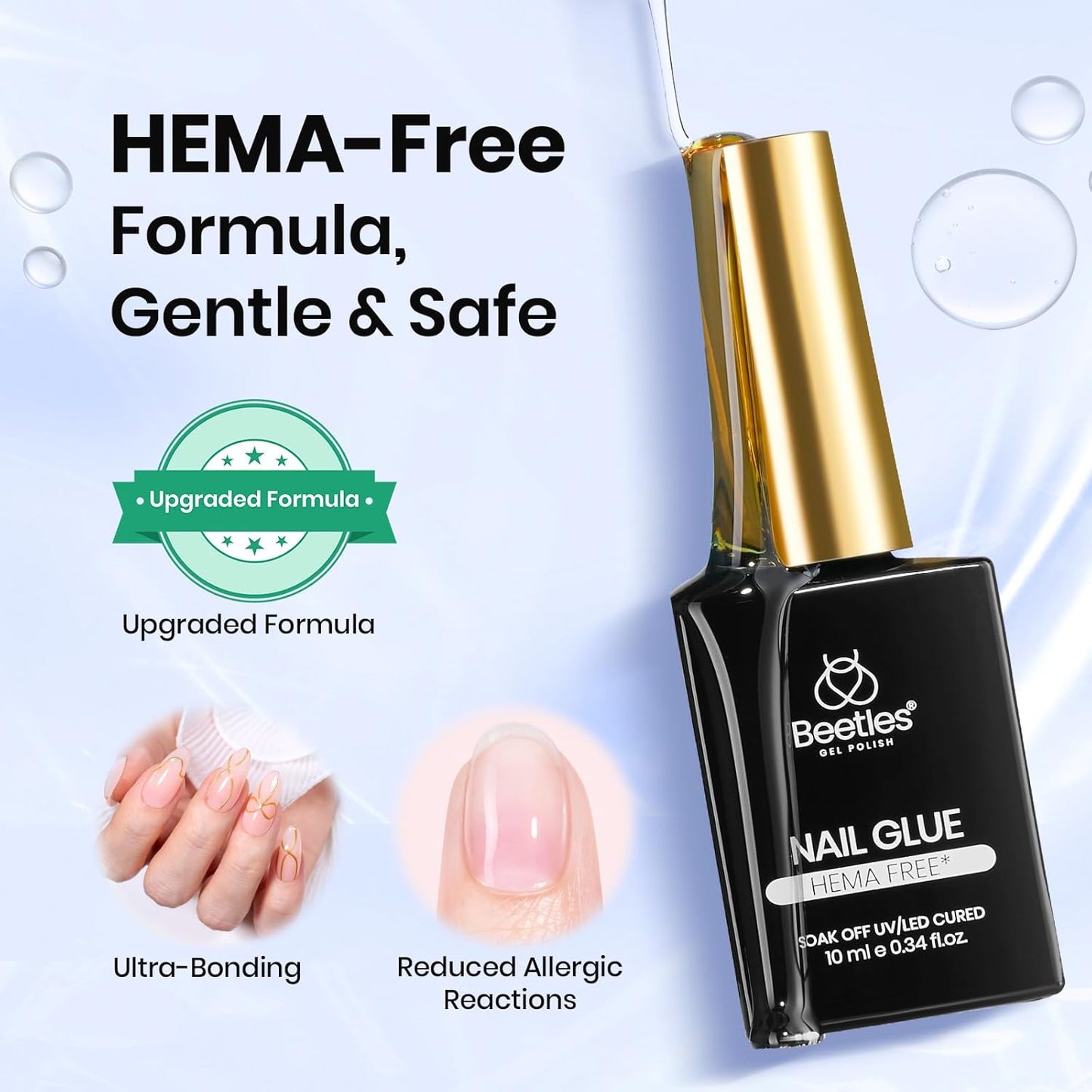Beetles Hema-Free Nail Glue for Acrylic Nails Tips, TPO Free 2Pcs 10ml Long Lasting Uv Nail Glue for False Nail Tips, Clear Press On Nails, Skin-Friendly, U V Light Required-Velvo Beauty