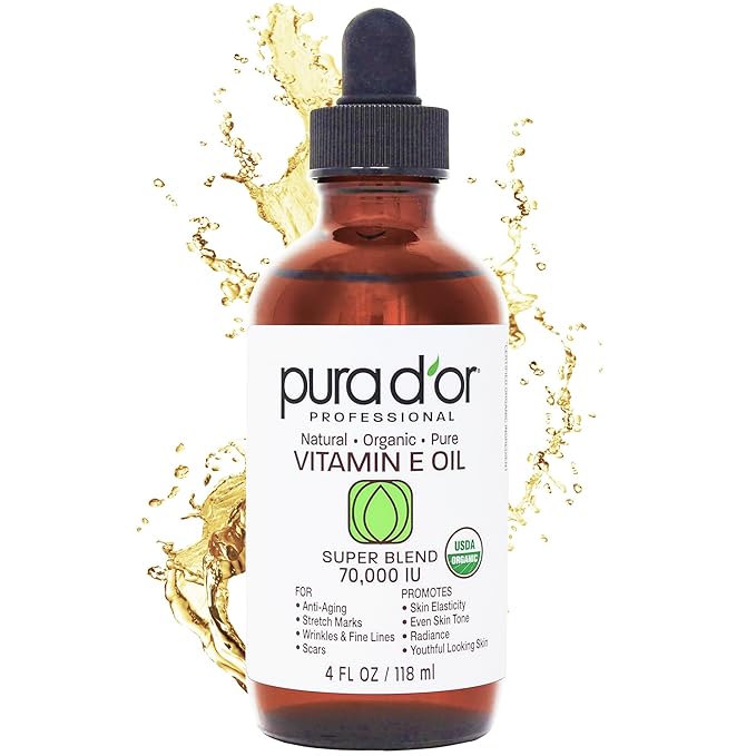 PURA D'OR 4 Oz ORGANIC Vitamin E Oil Blend - 100% Natural Hexane Free, Sweet Almond, Apricot, Jojoba, Argan, Rosehip, Sunflower & Avocado Bath Oil For Scars, Skin, Face & Full Body-Velvo Beauty