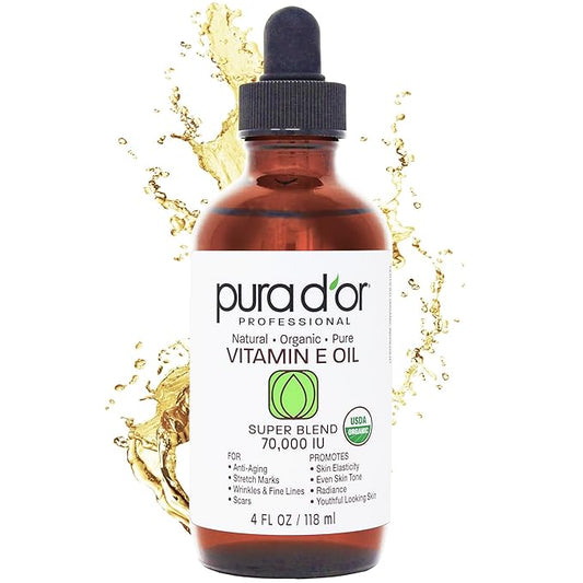 PURA D'OR 4 Oz ORGANIC Vitamin E Oil Blend - 100% Natural Hexane Free, Sweet Almond, Apricot, Jojoba, Argan, Rosehip, Sunflower & Avocado Bath Oil For Scars, Skin, Face & Full Body-Velvo Beauty