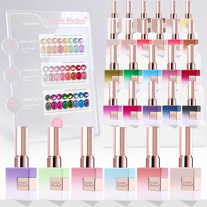Double Rhythm 28Pcs 0.5Oz Glass Cat Eye Gel Nail Polish Set Same Color Same Bottle Soak Off Magnetic Jelly Gel Polish Kit Nail Art Manicure Salon DIY at Home (Nude Pink Blue Green-T24-10)-Velvo Beauty