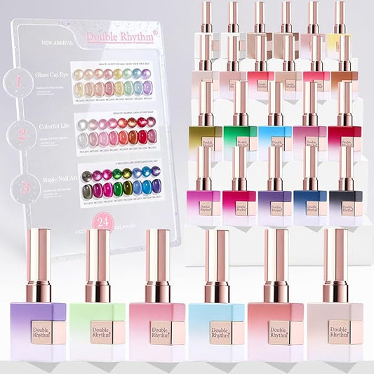 Double Rhythm 28Pcs 0.5Oz Glass Cat Eye Gel Nail Polish Set Same Color Same Bottle Soak Off Magnetic Jelly Gel Polish Kit Nail Art Manicure Salon DIY at Home (Nude Pink Blue Green-T24-10)-Velvo Beauty