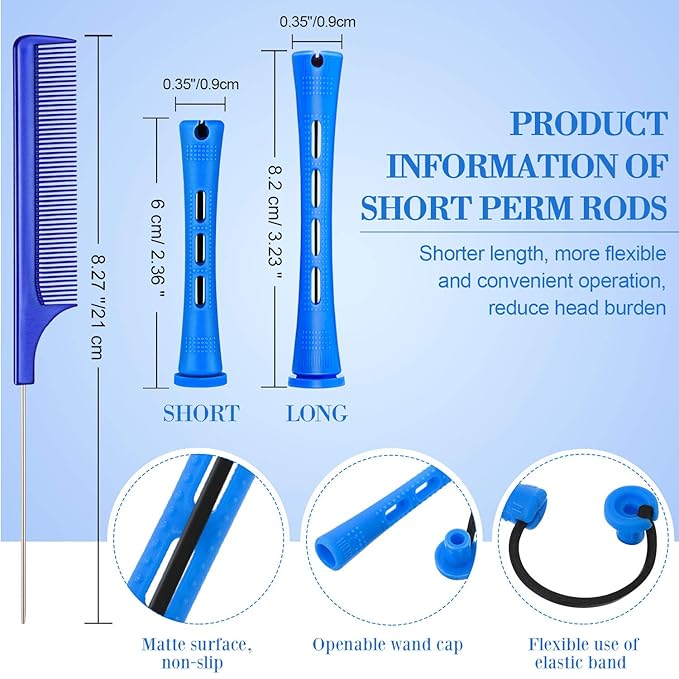 48 Pieces Hair Perm Rods Short Cold Wave Rods Plastic Perming Irons Hair Curling Rollers Curlers with Steel Pintail Comb Rat Tail Comb for Hairdressing Styling Supplies(0.35 Inch,Blue and Dark Blue)-Velvo Beauty