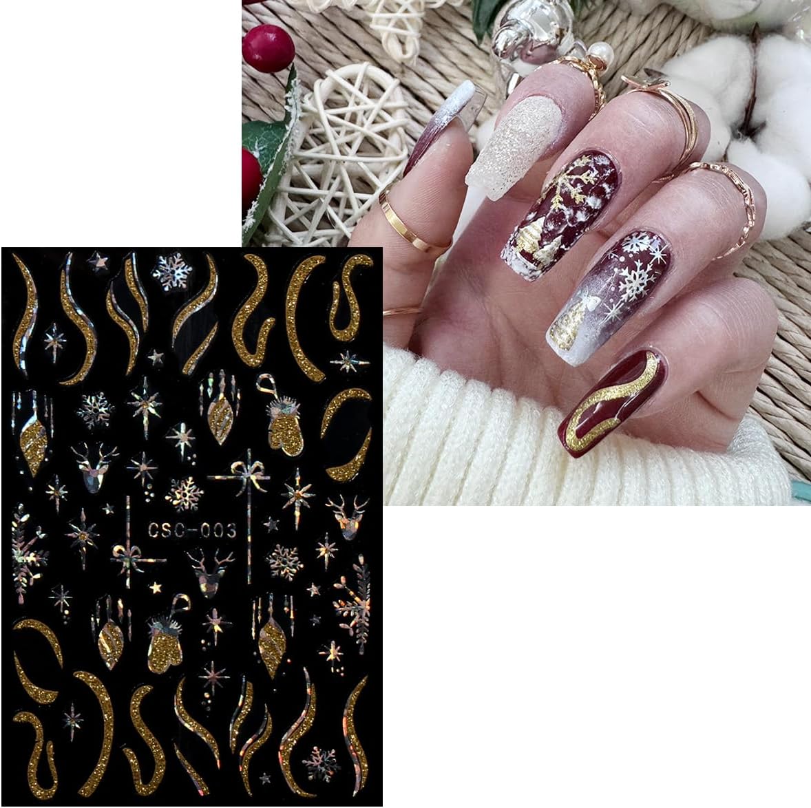 JMEOWIO 8 Sheets Christmas Gold Glitter Silver Nail Art Stickers Decals Self-Adhesive Snowflake Winter Holiday Nail Supplies Nail Art Design Decoration Accessories-Velvo Beauty