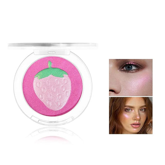 Face Highlighter Makeup Palette, Glossy Glitter Highlight Brightening Contouring Palette Natural Shiny Contour Makeup Illuminator Longlasting Lightweight, Blush&Highlighter (#03 Strawberry)-Velvo Beauty