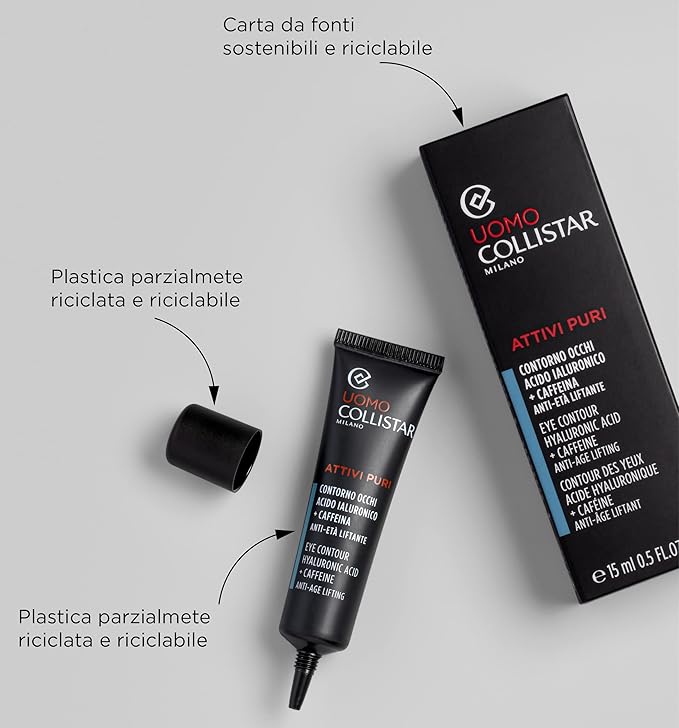 Collistar Uomo Attivi Puri Contorno Occhi Acido Ialuronico + Caffeina Anti-età Liftante, Eye Contour Hyaluronic Acid 15 ml, 0.5 Fl Oz Made in Italy [italian import]-Velvo Beauty